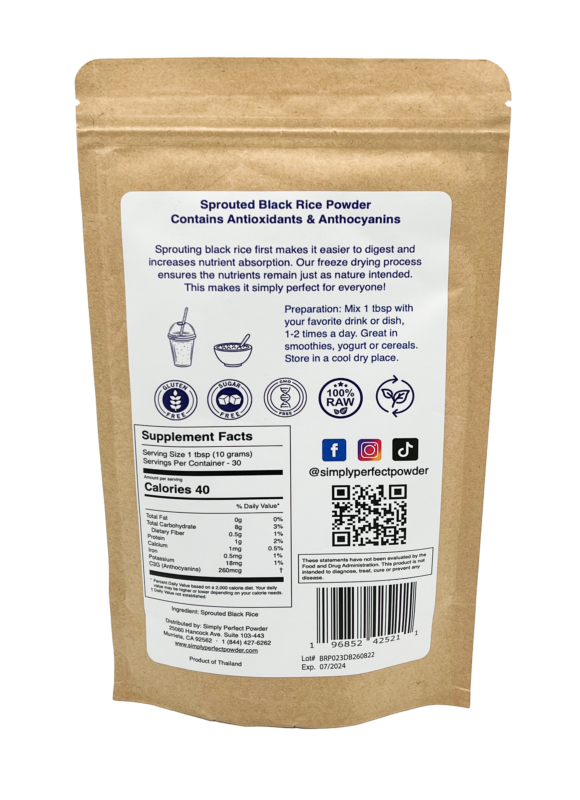Simply Perfect Powder, black rice, black rice powder, sprouted black rice powder, antioxidant, anthocyanins, high in antioxidants, nutrient dense, high in protein, high in fiber, supplement, nutritional supplement, whole food, nutrient dense whole food, healthy diet, healthy lifestyle, lower cholesterol, lower blood pressure, heart health, improve heart health