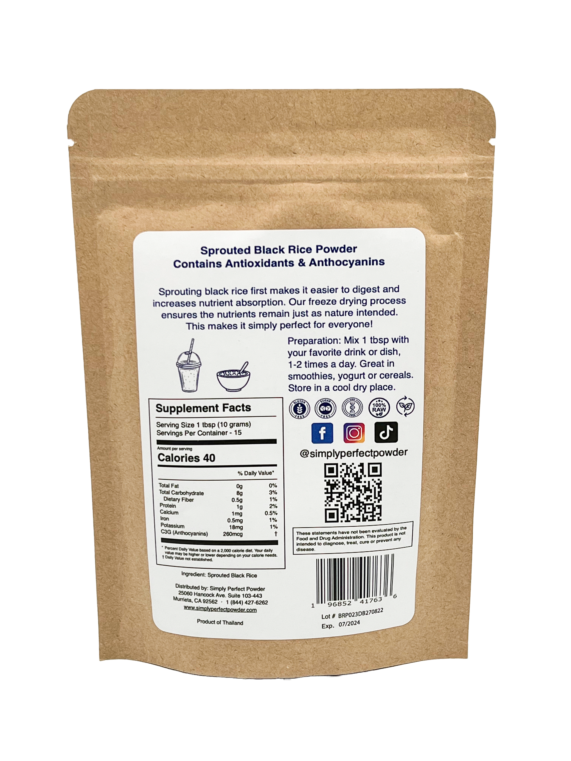 Simply Perfect Powder, black rice, black rice powder, sprouted black rice powder, antioxidant, anthocyanins, high in antioxidants, nutrient dense, high in protein, high in fiber, supplement, nutritional supplement, whole food, nutrient dense whole food, healthy diet, healthy lifestyle, lower cholesterol, lower blood pressure, heart health, improve heart health